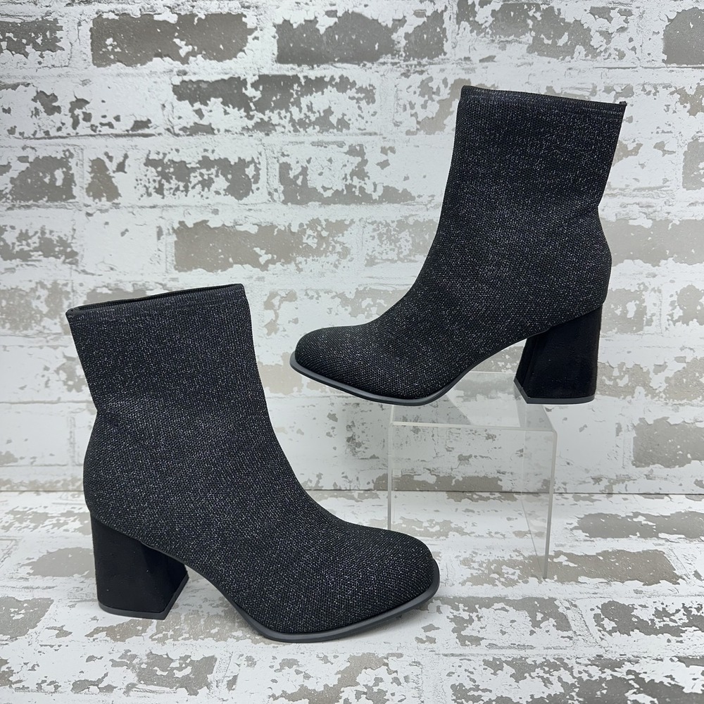 Mia Piana Sock Bootie Womens 9M Black‎ Glitter Knit Ankle Block Heel Stretch